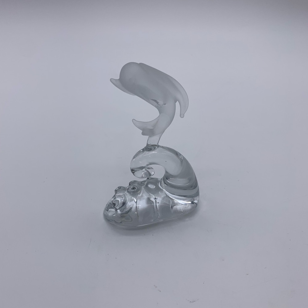 Small Blown Bubble Art Glass Frosted Dolphin On Clear Glass Wave Figurine